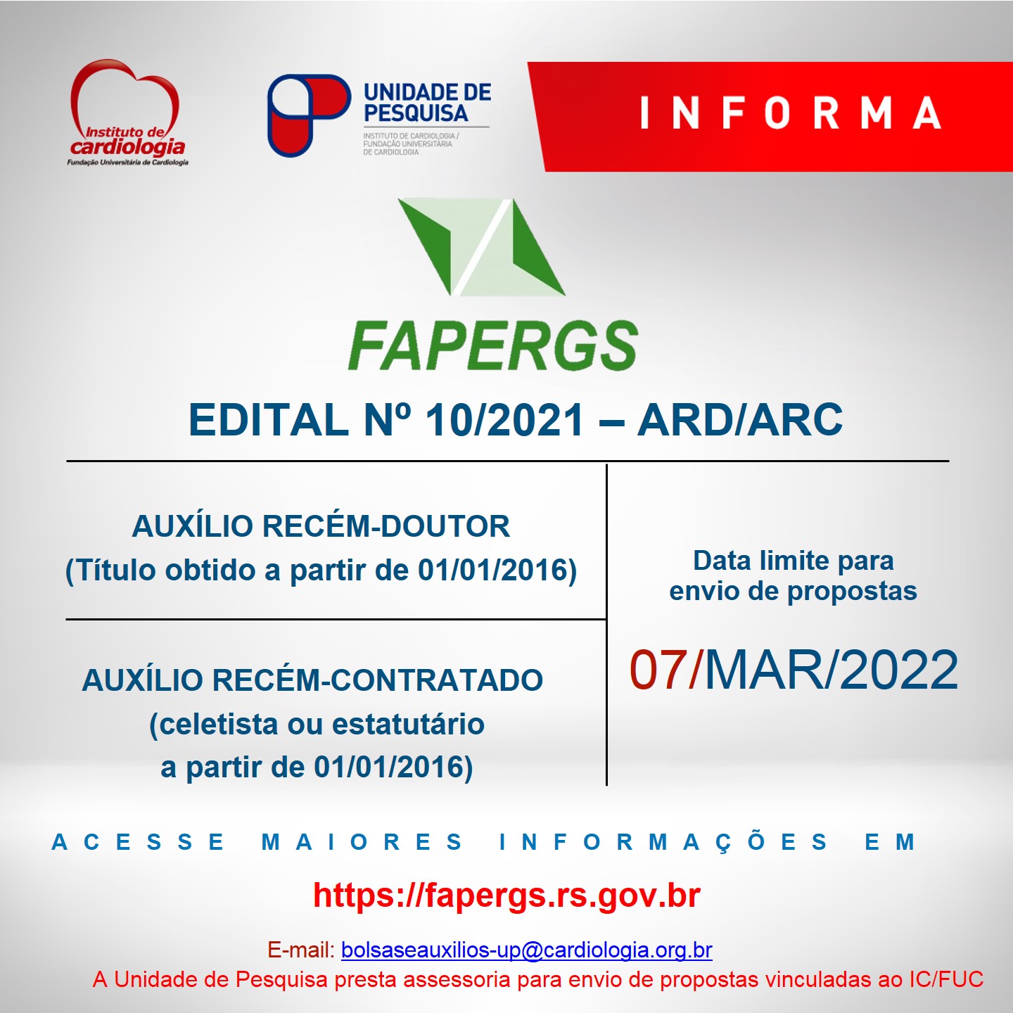 Edital FAPERGS 10/2021- Auxílio Recém-Doutor ou Recém-Contratado - ARD/ARC